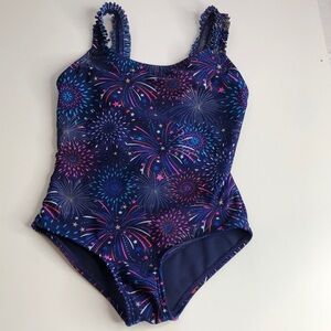 Cat & Jack Blue Red White Gold Stars Fireworks One Piece Swimsuit Girl's XS 4/5